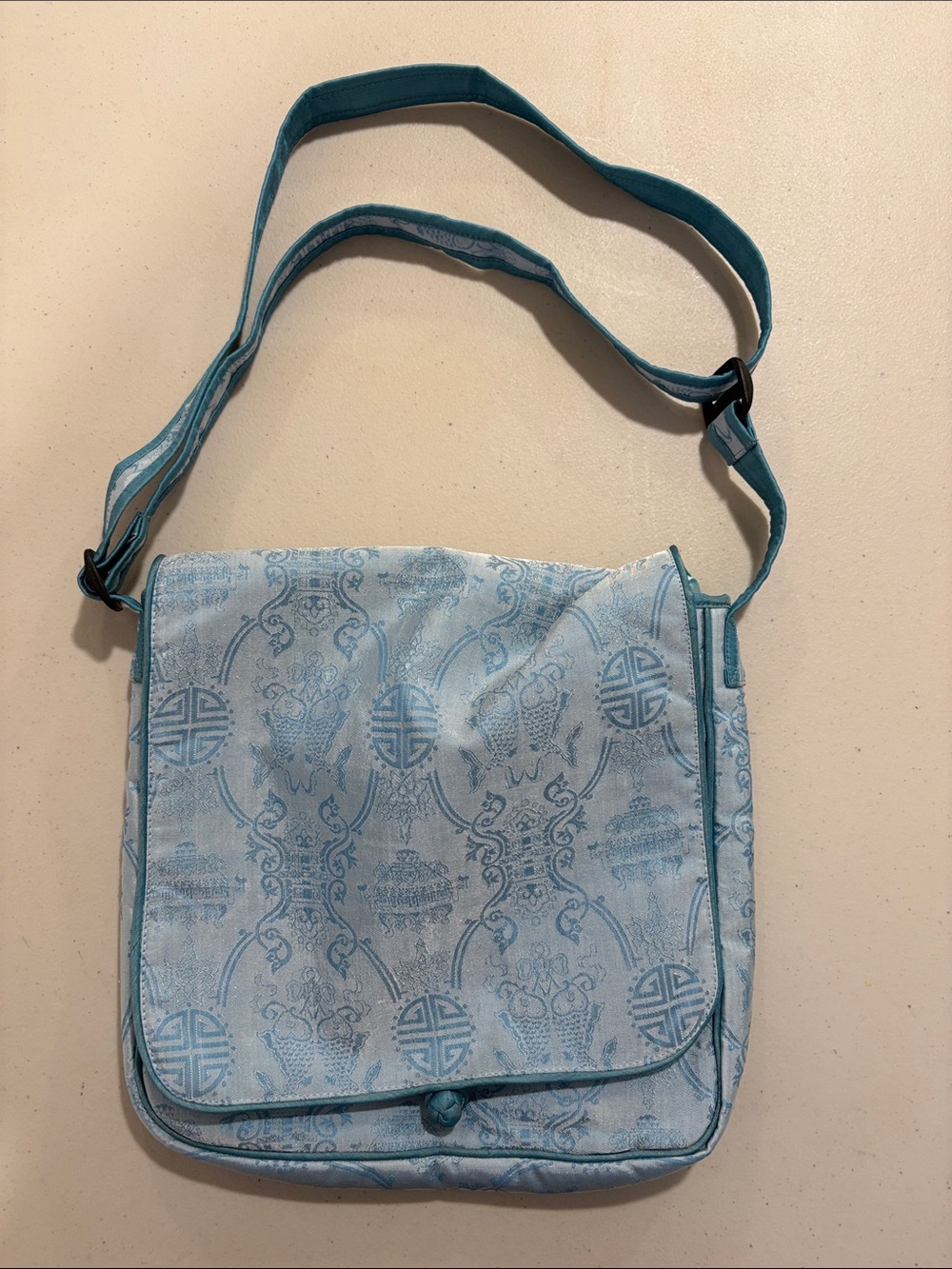 Light Blue Patterned Shoulder Bag with Adjustable Strap